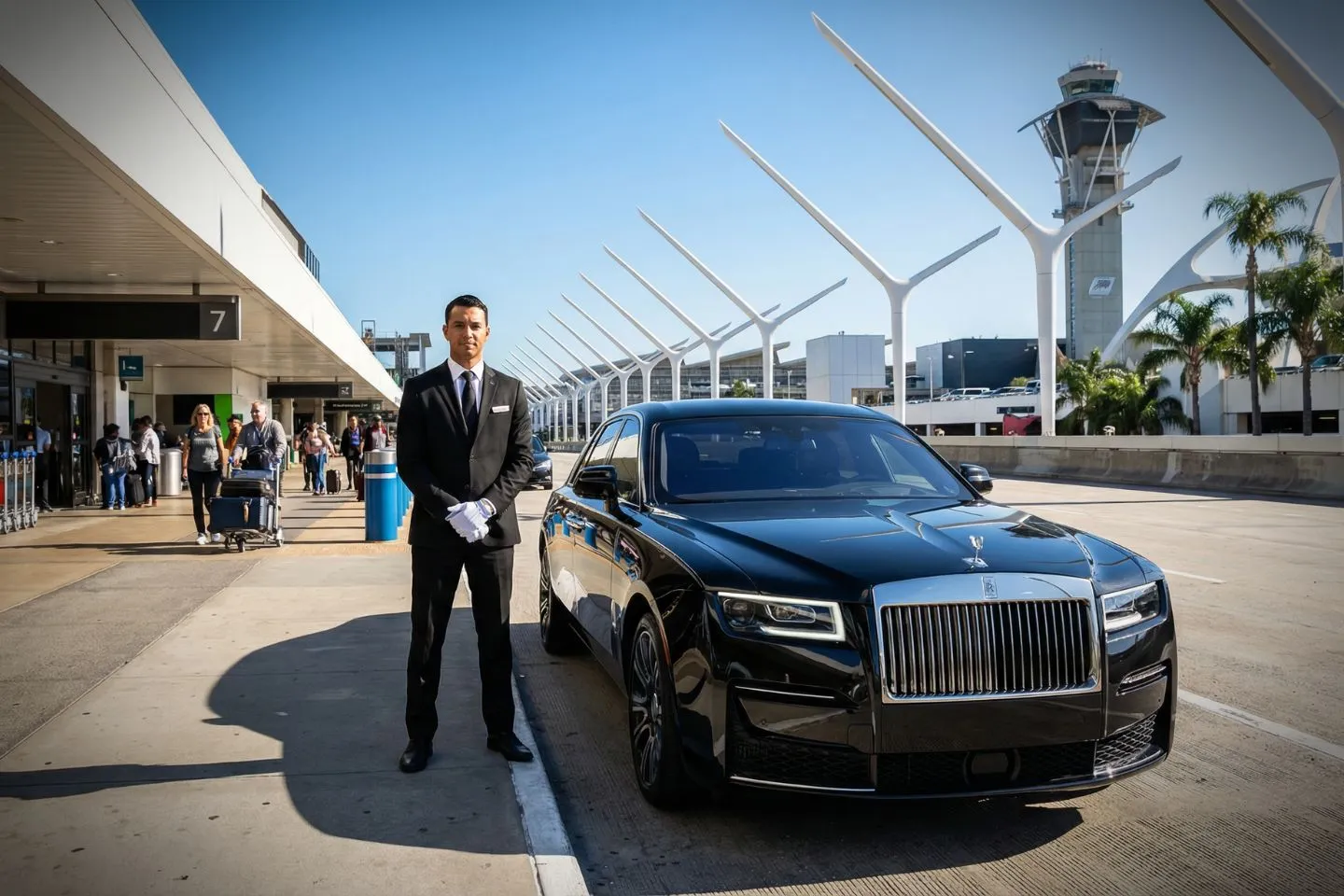 Los Angeles International (LAX) Car Service luxury sedan at airport terminal California CA