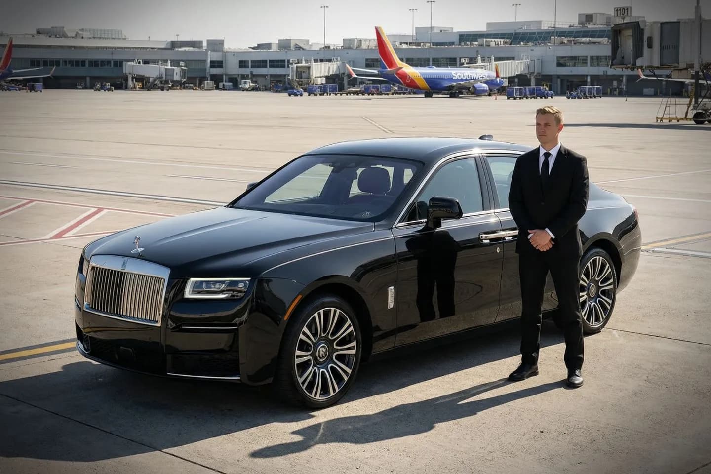 LBE Car Service chauffeur assisting passenger at OAK terminal