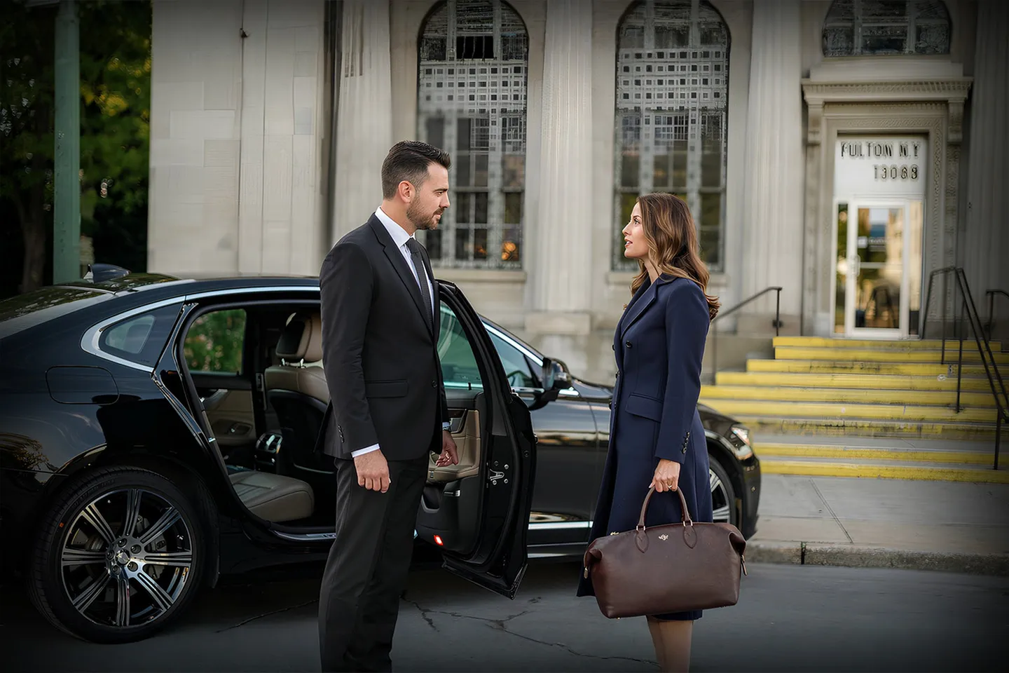 Chauffeur Service in Fulton, NY Luxury sedan from Fulton, NY Chauffeur Service parked outside upscale hotel with professional driver ready for pickup