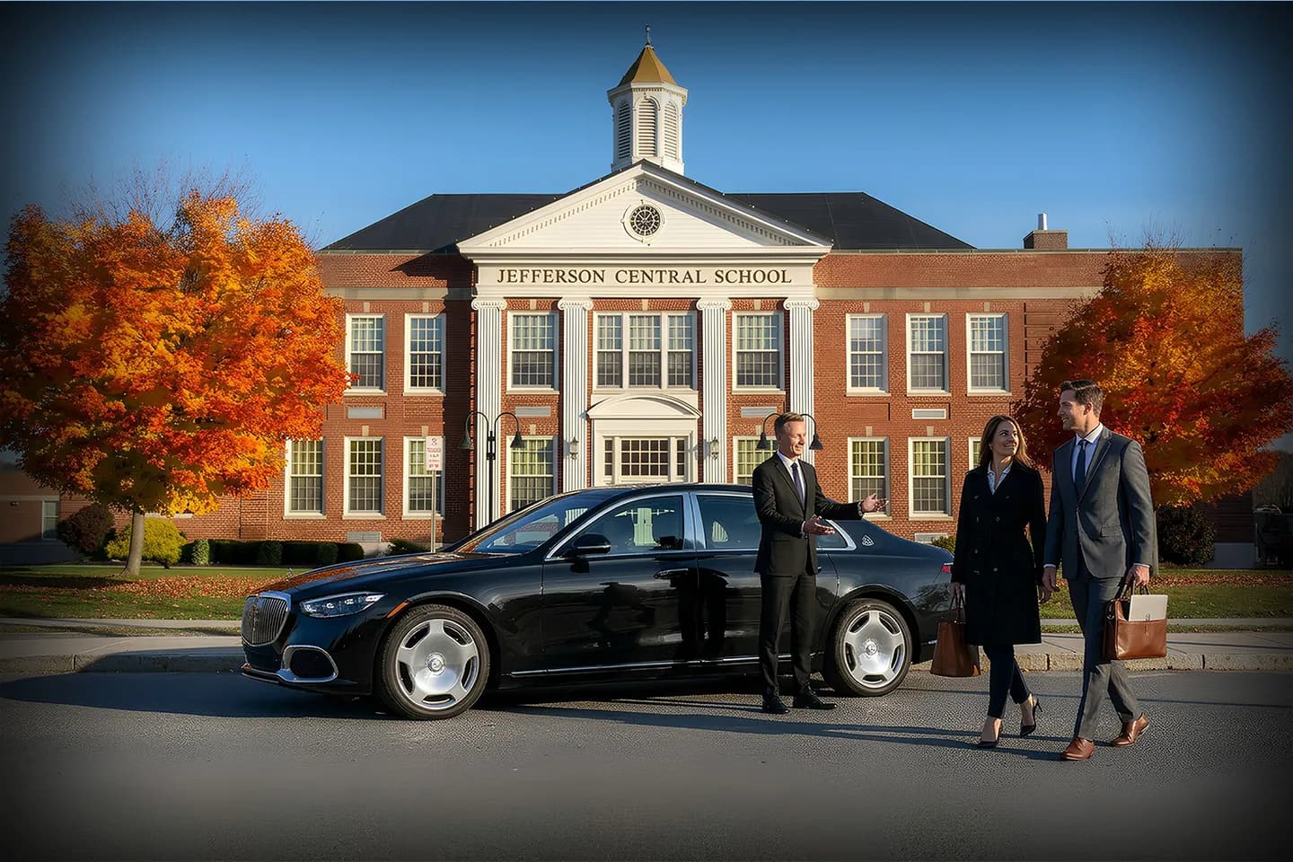 Chauffeur Service in Jefferson, NY Jefferson, NY Chauffeur Service luxury sedan parked downtown with professional driver ready for pickup