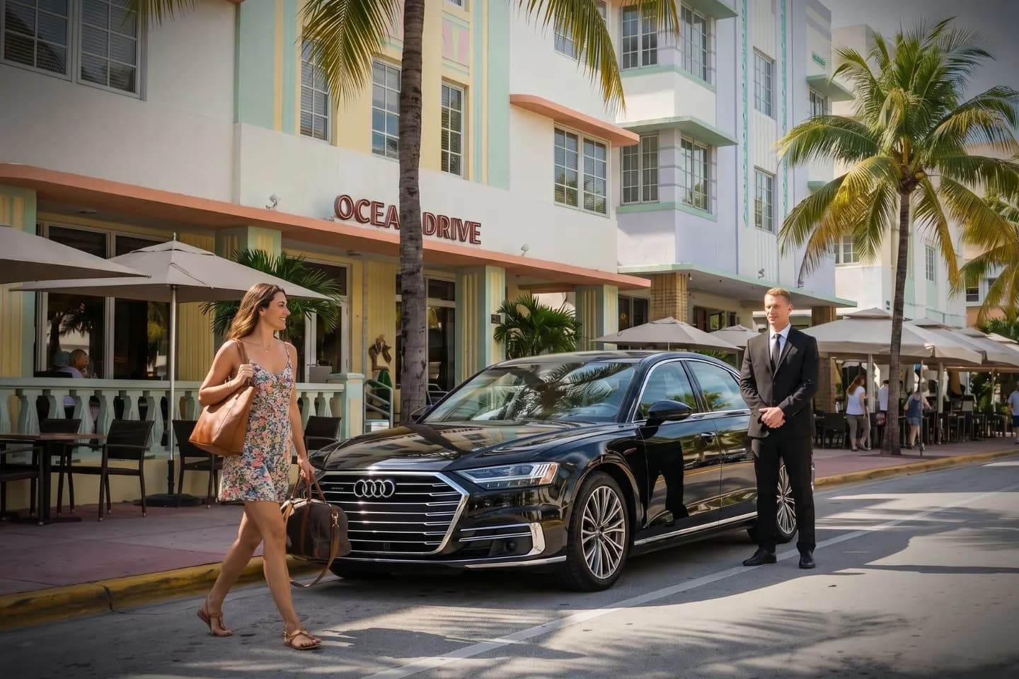 Car Service in Miami, FL Uniformed chauffeur opening door for luxury car service client in Miami, FL.