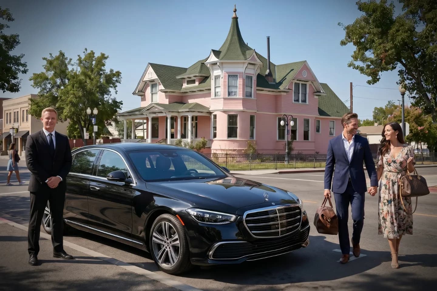 Car Service in Churchill, NV Professional chauffeur in a suit standing next to a luxury sedan offering car service in Churchill, NV.