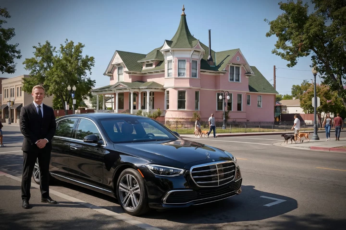 Car Service in Churchill, NV Luxury black sedan parked outside a historic estate for executive car service in Churchill, NV.
