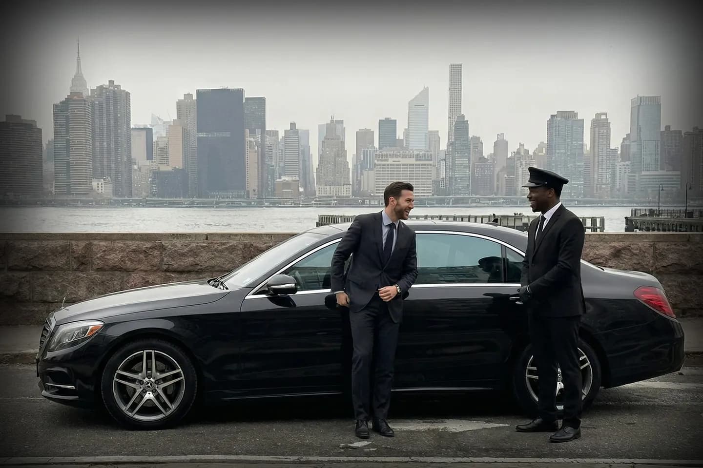 NYC Luxury Car Service Downtown Executive sedan in front of Manhattan skyline for New York City car service