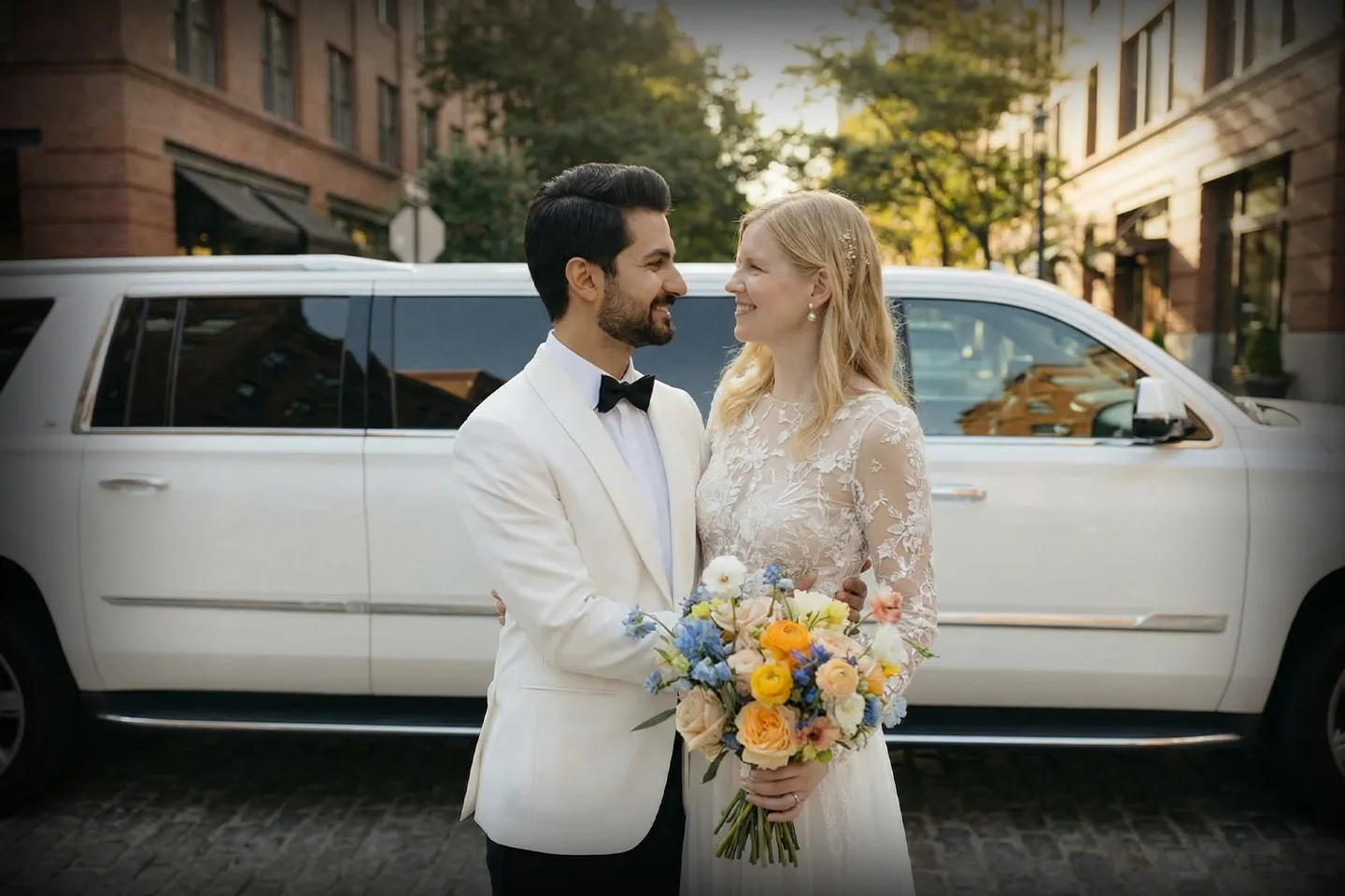 Manhattan, NY Wedding Limo Service Elegant Manhattan wedding limo ready for bride and groom transportation